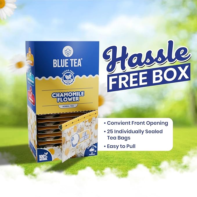 Blue TEA - Chamomile Tea For Sleep - 25 Count - Plant Based Tea Bags, Get a good Sleep, Relaxation, Stress Relief, Caffeine Free - Flower Based