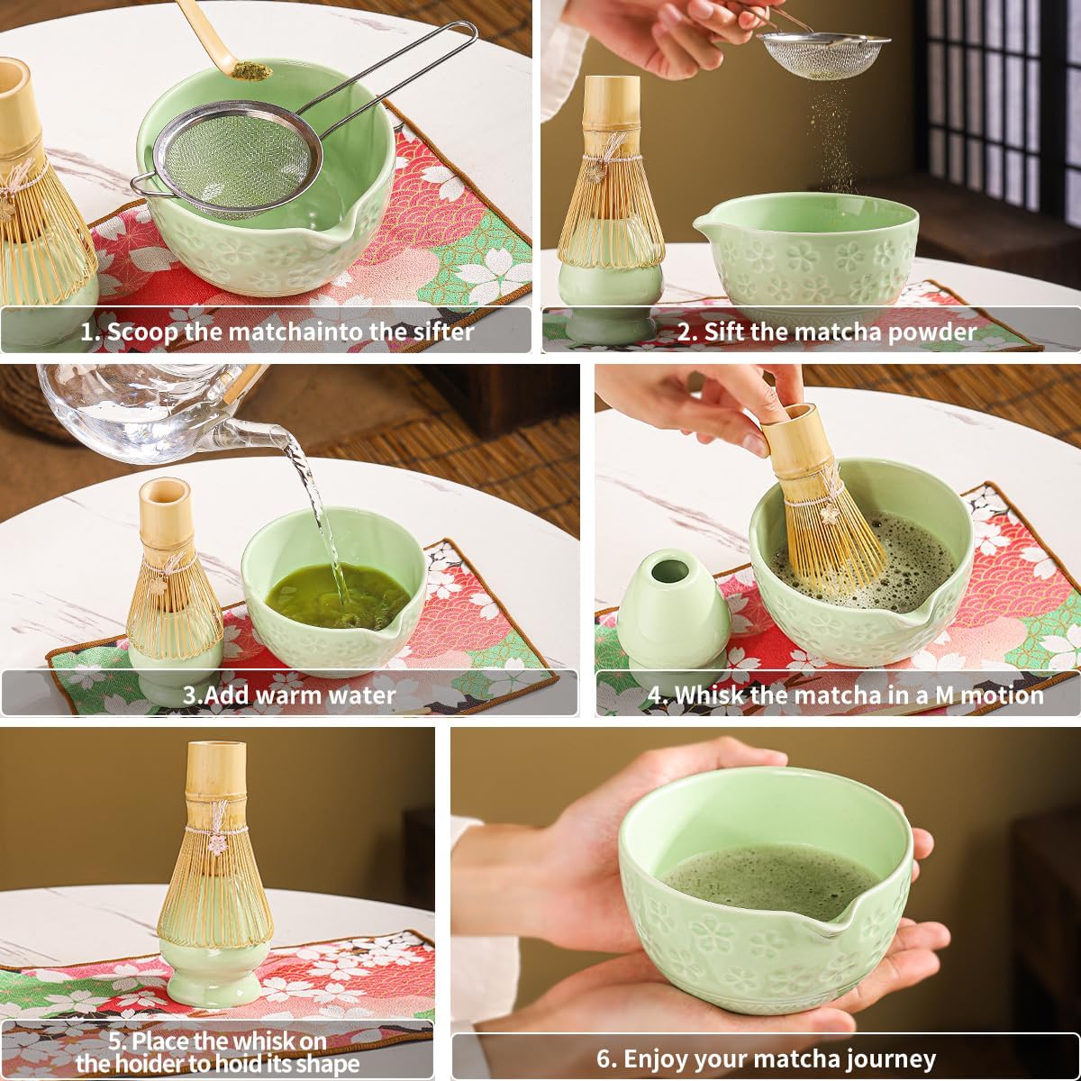 8-Piece Matcha Ceremony Set - Tea Kit with Cherry Blossom Bowl, Bamboo Whisk, Wood Scoops, Tea Cloth &amp; Floral Display - Gift-Ready Pink Cherry color box (green)