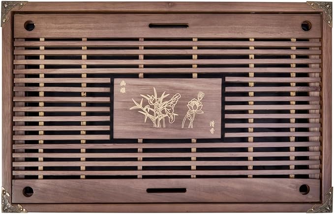 17inch Wooden Tea Tray Large Gungfu Tea Table Serving Tray with Drainage Water Storage Chassis for Home/Office Kungfu Tea Set Tray (Brown B)