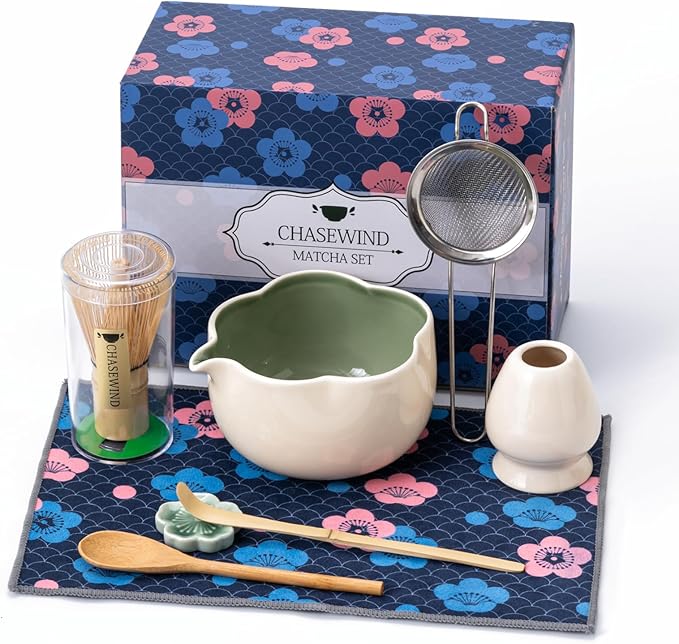 Matcha Set, 8Pcs Floral Ceramic Matcha Set with Matcha Whisk, Holder, Scoop, Scoop Rest, Sifter, Spo