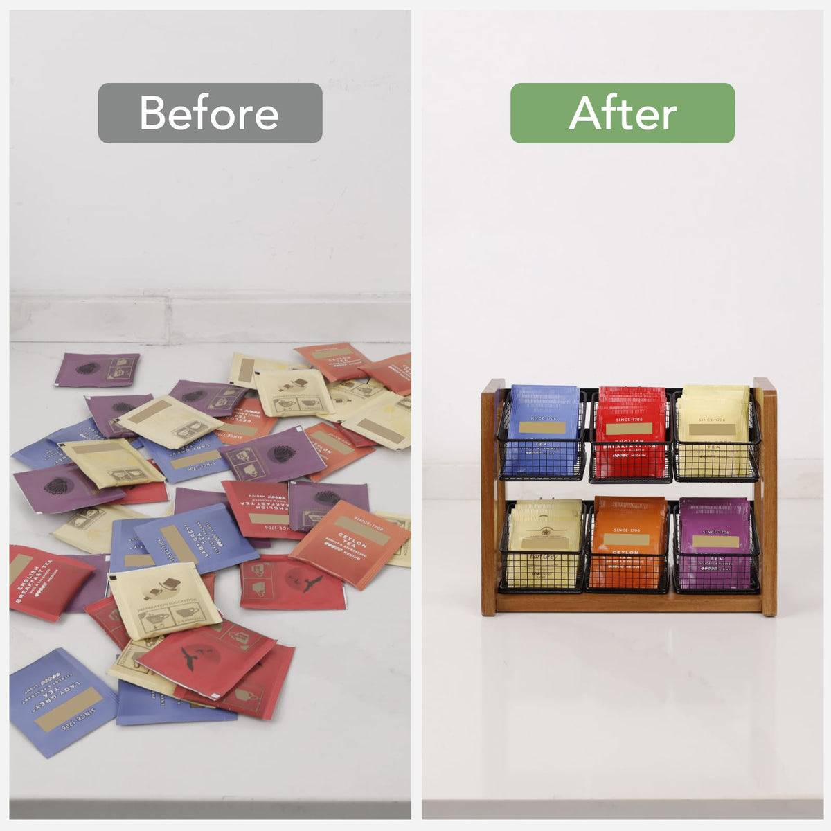 HTB 2 Tier Tea Organizer for Tea Bags with 6 Removable Metal Baskets