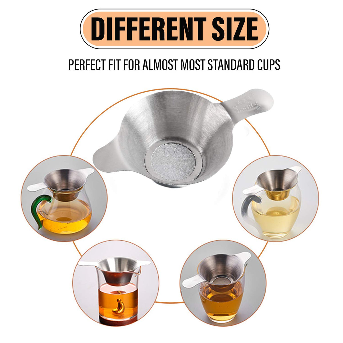 AUEAR, 2 Pack Different Size Stainless Steel Mini Strainer Fine Mesh Tea Funnel Coffee Filter with Double Handles