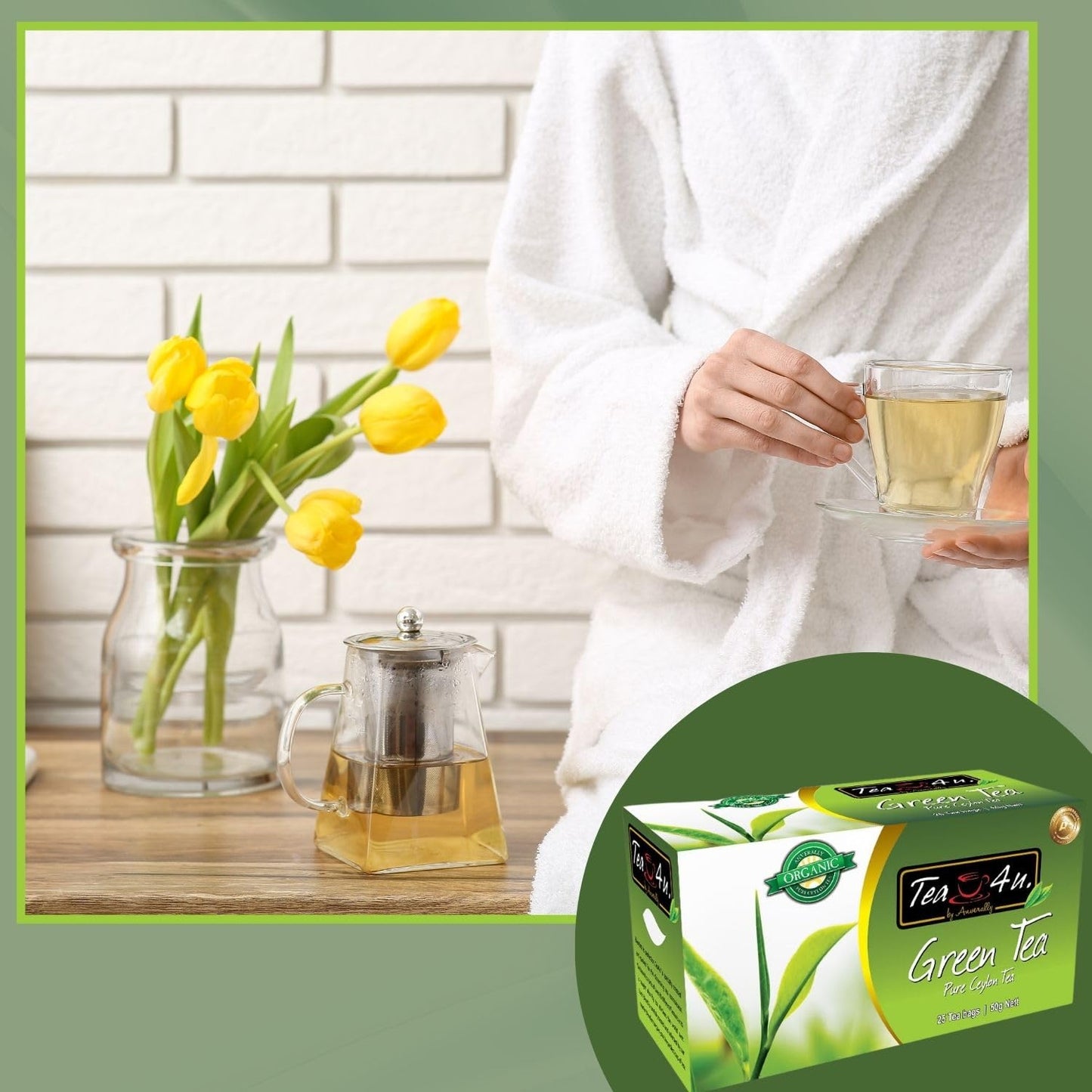 Tea4U Organic Green Tea, Ceylon TeaBags - Handpicked Leaves from the Finest Tea Estates and Expertly Blended - 25 Count
