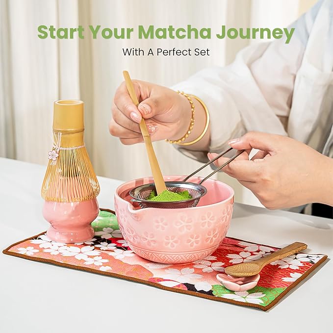Matcha Whisk Set, Pink Matcha Kit (9 Pcs) Includes Bowl, Whisk, Holder, Scoop, Sifter, Spoon, Rest, Mat, Book