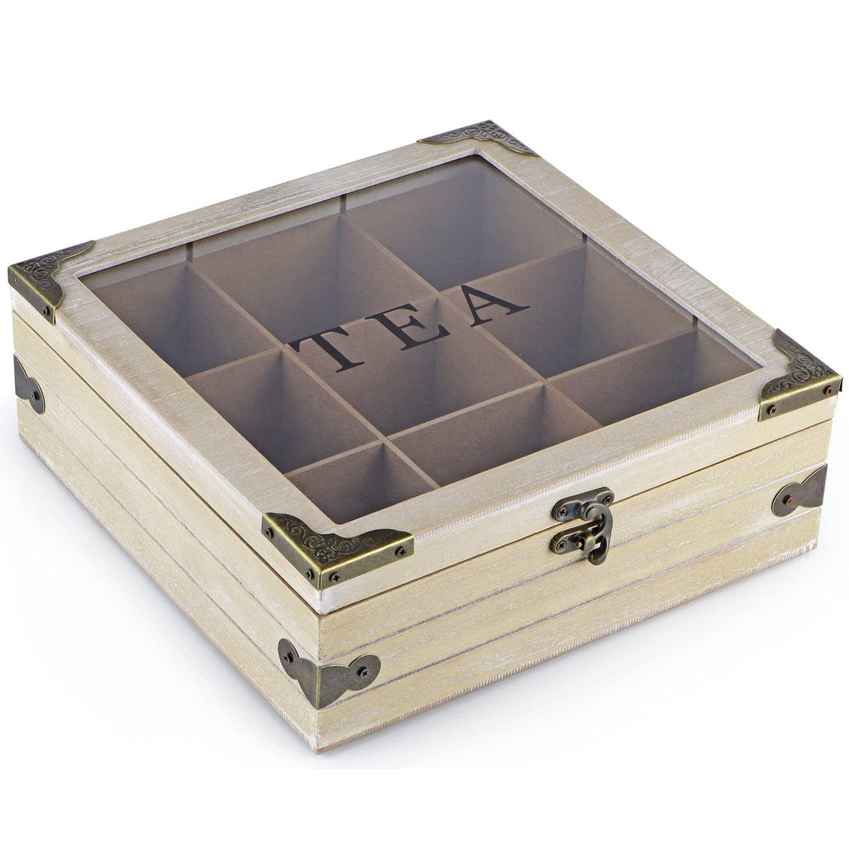 MOLIGOU Wood Tea Box Organizer, Tea Storage Chest with Glass Lid, 9 Compartments, Tea Bag Holder for Cabinet, Pantry