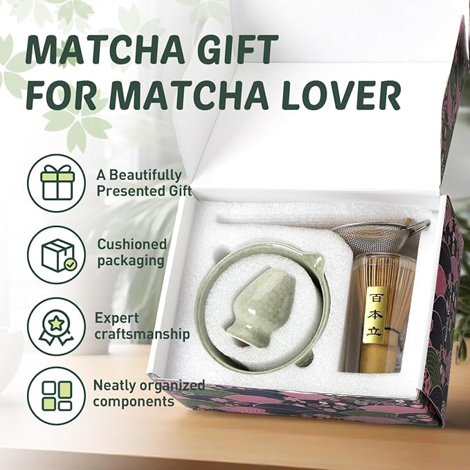 Green Sakura Matcha Whisk Set, 8 PCS Green Sakura Matcha Set Kit, Japanese Ceremonial Matcha Set Whisk and Bowl with Spout, Matcha Gift/Accessories