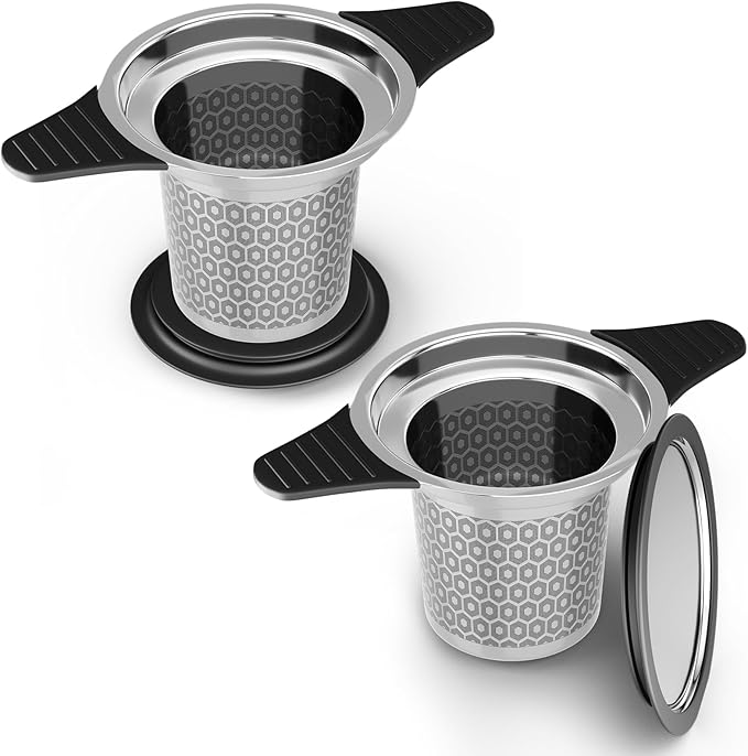 Reinmoson 2 Pack Extra Fine Mesh Tea Strainers for Loose Tea Single Cup, 304 Stainless Steel and Food Grade Silicone Loose Leaf Tea Steeper Tea