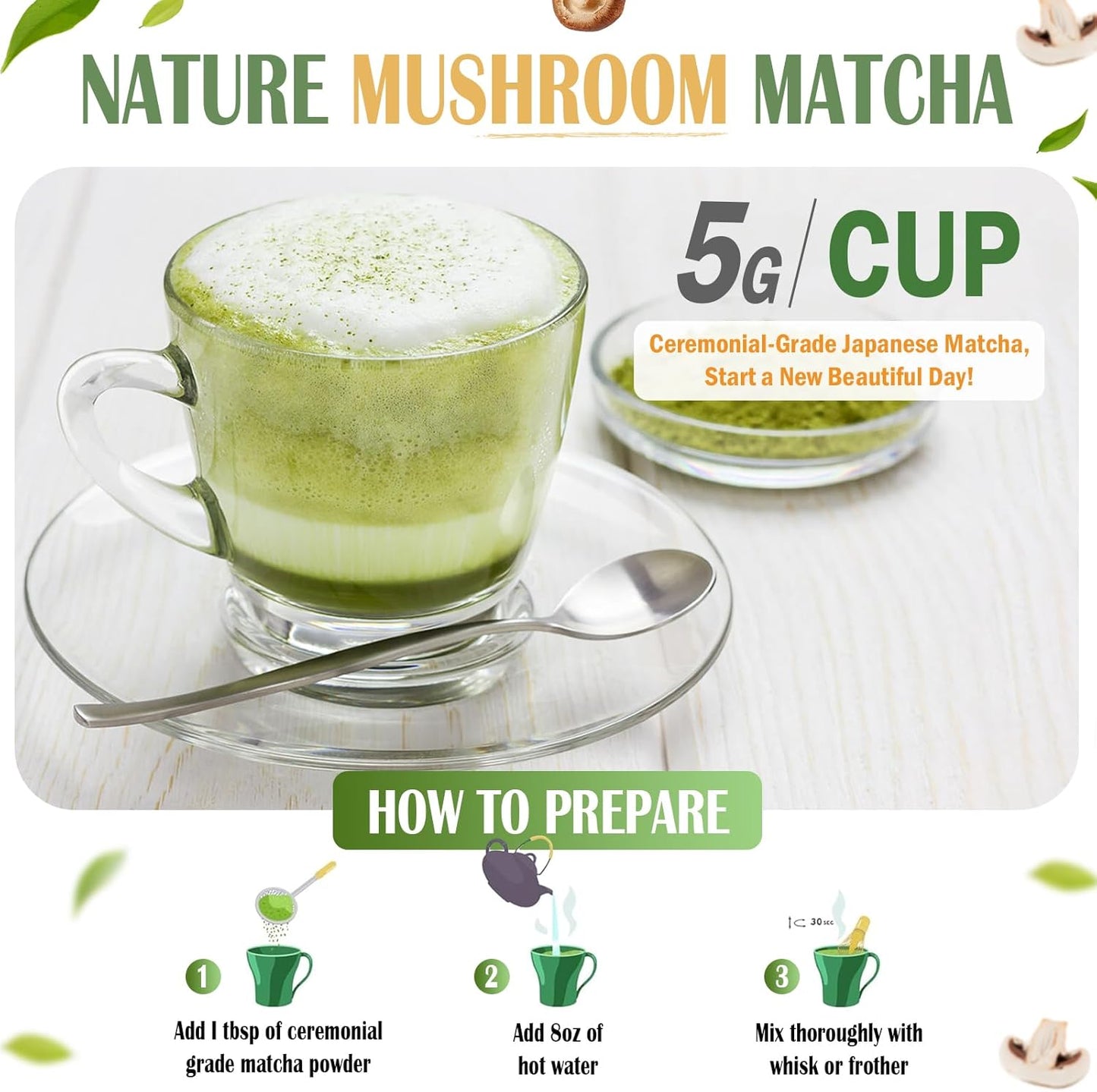 Mushroom Matcha Powder, Japanese Ceremonial Matcha Infused With 7 Superfood Mushrooms, MCT Oil, Coconut Milk Powder, Natural, Gluten Free, Taste Great Matcha Latter 8 Oz(45 Servings)