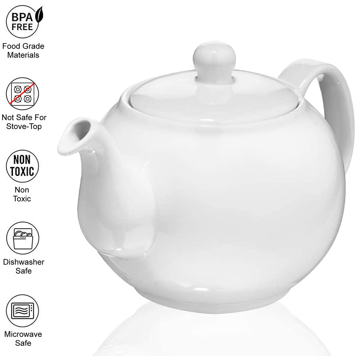 SAKI Large Porcelain Teapot, 48 Ounce Tea Pot with Infuser, Loose Leaf and Blooming Tea Pot - White