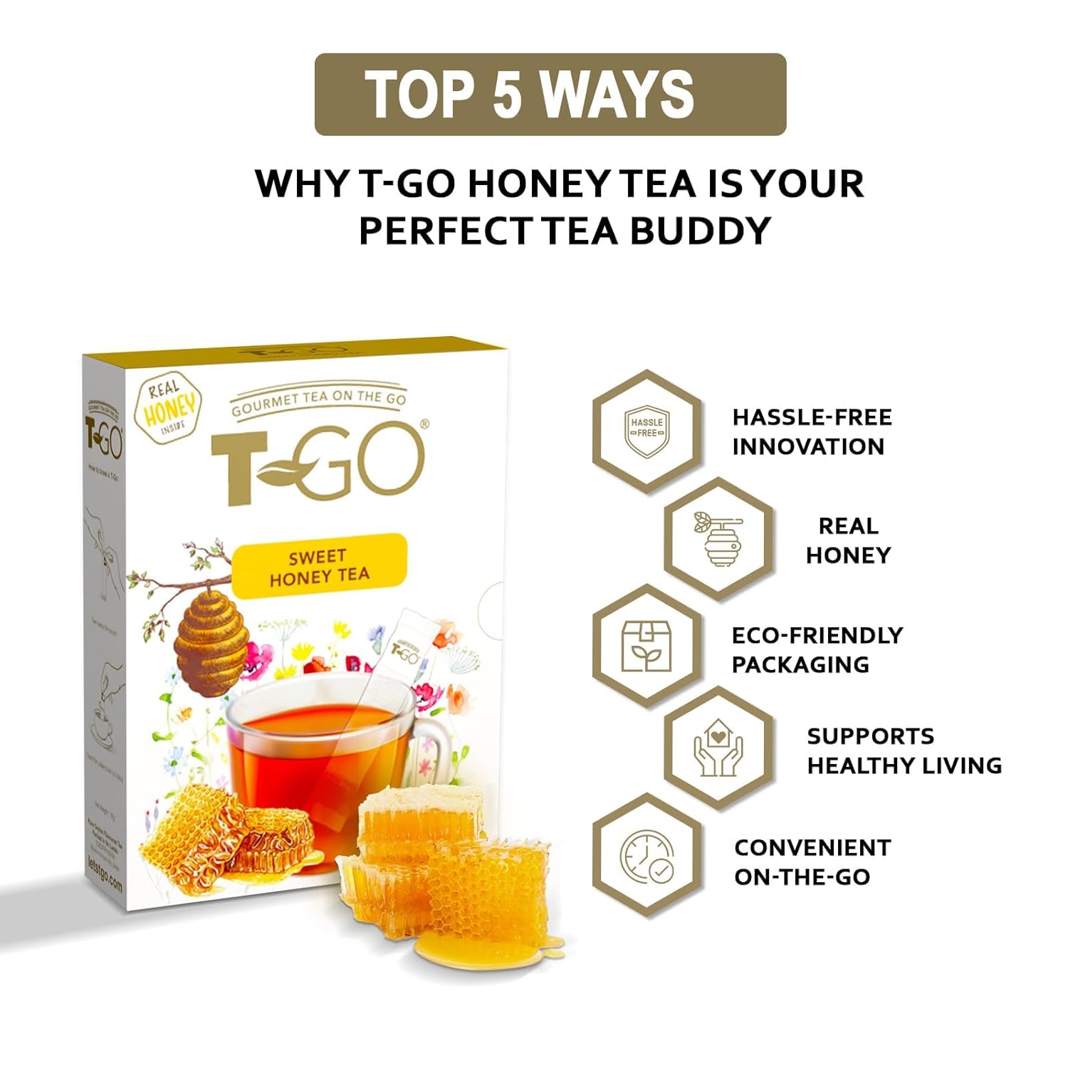 T-GO Sweet Honey Black Tea Bags Convenient Sticks Stirring Spoon Real Honey Tea Packets for Immunity 15 Tea Sticks