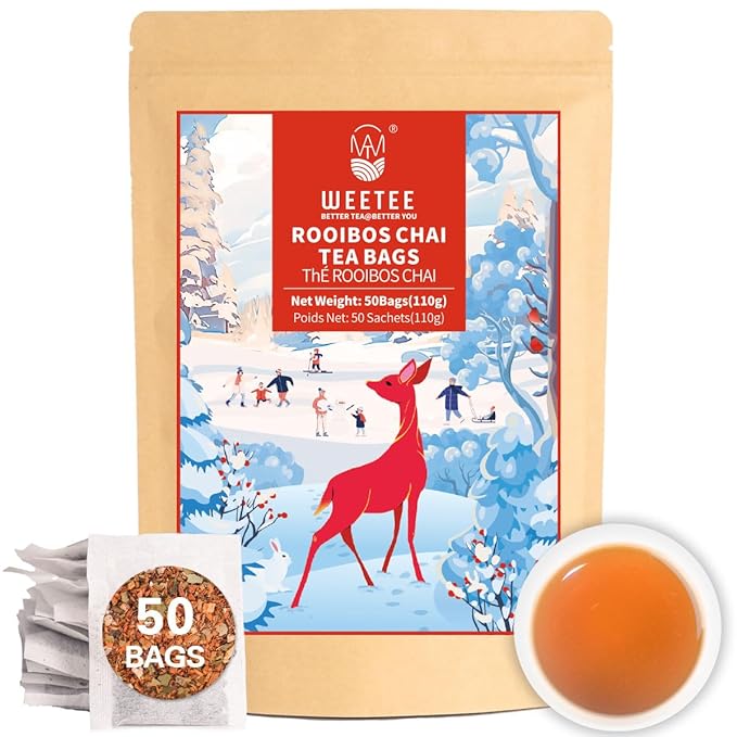 WT Weetee Rooibos Chai Tea Bags, South African Red Tea with Cinnamon, Cloves, Cardamom, Natural Caffeine-free Herbal Tea, 50 Counts Spiced Rooibos Tea