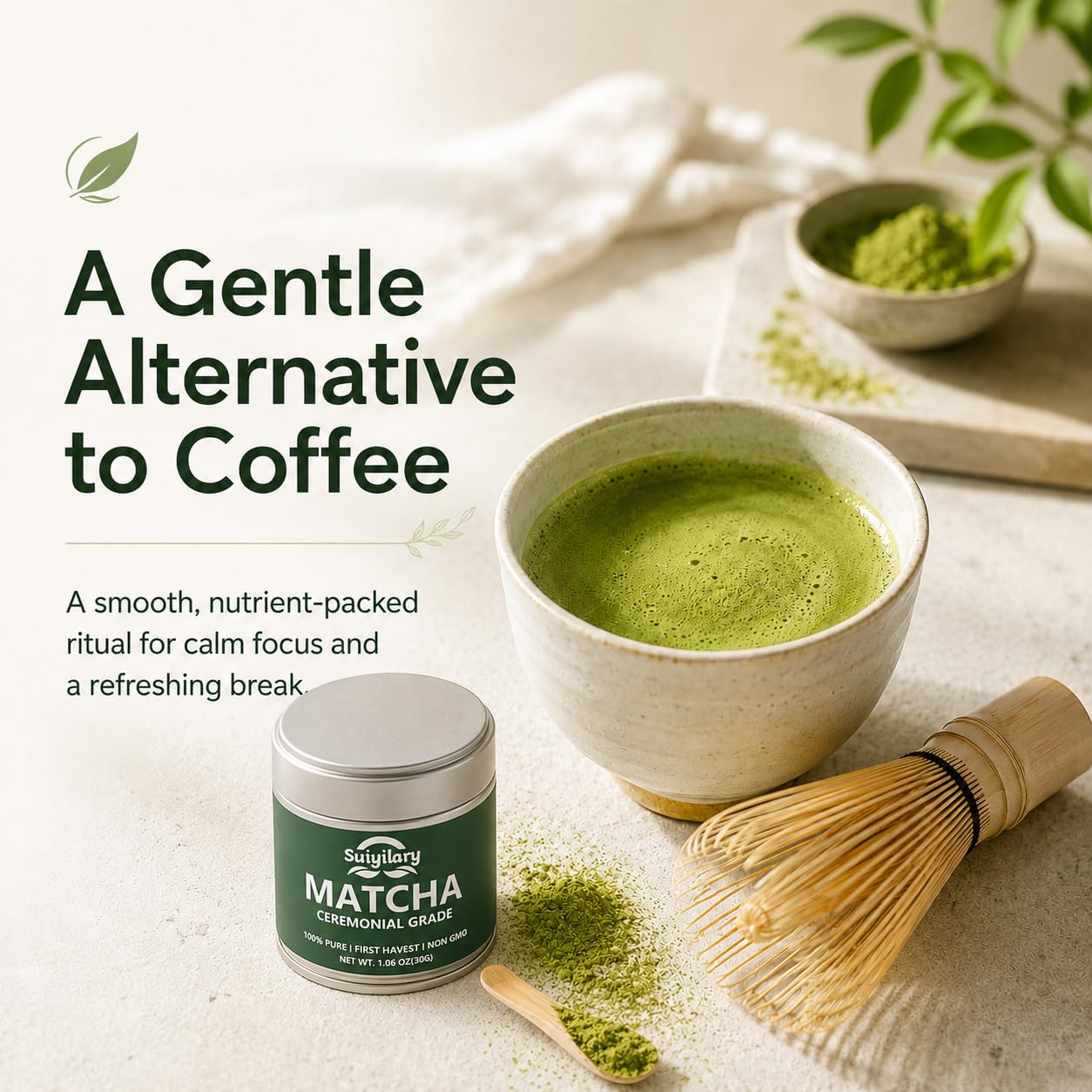 Suiyilary Ceremonial Grade Matcha Powder, Premium First Harvest Green Tea Powder – 100% Pure Matcha Tea, Vegan, Gluten-Free, Sugar-Free with No Additives (30g/1.06oz)