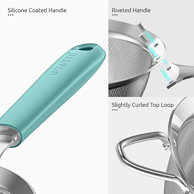 18/8 Stainless Steel Mesh Strainer: U-Taste 3.9 Inch Kitchen Fine Mesh Sieve Food Colander with Riveted Sturdy Silicone Handle and 30 Mesh Hole for Straining Flour, Quinoa, Tea, Juice (Aqua Sky)