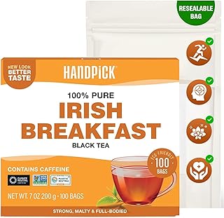 HANDPICK, Irish Breakfast Black Tea Bags (100 Count) Gluten-Free, Non-GMO | Strong, Robust & Bold Flavor | Round Eco-Conscious Tea Bags