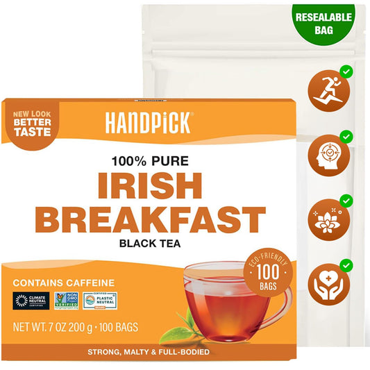 Handpick, Irish Breakfast Black Tea Bags (100 Count) Gluten-Free, Non-GMO, Strong, Robust & Bold Flavor, Round Eco-Conscious Tea Bags