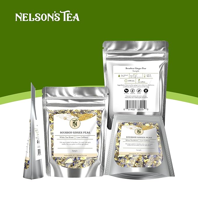 Nelson's Tea Bourbon Ginger Pear - Cut & Sifted Ginger Loose Leaf Tea with Dried Elderflower, Cornflower and Pears (Sample 0.4 Oz)