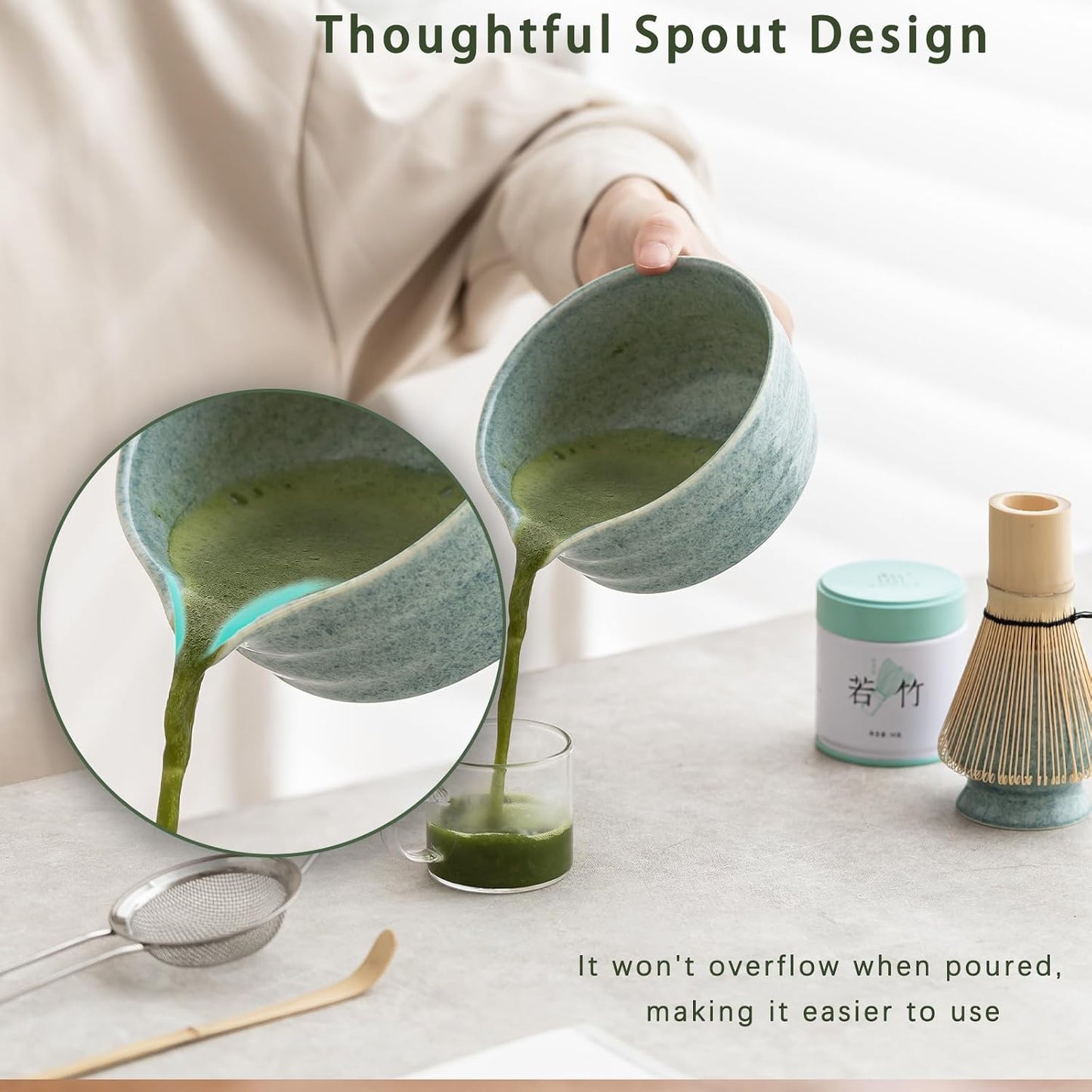 Ochcahser Matcha Set, Matcha Whisk Set Includes 17 oz Matcha Bowl | Matcha Holder, Bamboo Matcha Whisk and Scoop, Sifter, 5 Pce Mottled Blue Glaze Ceramic Matcha Kit for Tea Lovers.