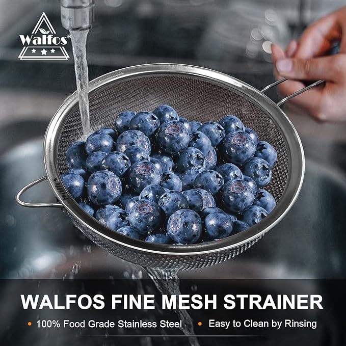 Walfos 7.8 Inch Fine Mesh Strainer, Premium Stainless Steel Colanders and Sifters, with Reinforced Frame and Sturdy Handle, Perfect for Sift, Strain
