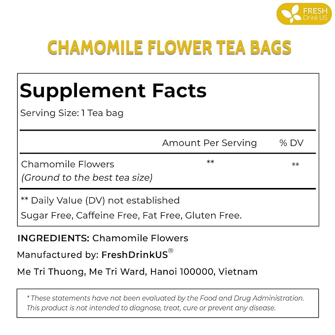 FRESHDRINKUS, Premium 135 Chamomile Tea Bags, 100% Natural and Pure Chamomile Flowers, Eco-conscious Tea Bags. Herbal Tea. No Sugar, No Caffeine, No Gluten, Vegan.