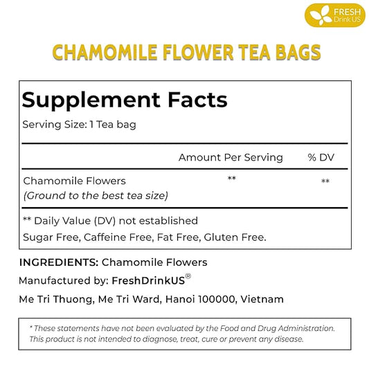 FRESHDRINKUS, Premium 135 Chamomile Tea Bags, 100% Natural and Pure Chamomile Flowers, Eco-conscious Tea Bags. Herbal Tea. No Sugar, No Caffeine, No Gluten, Vegan.