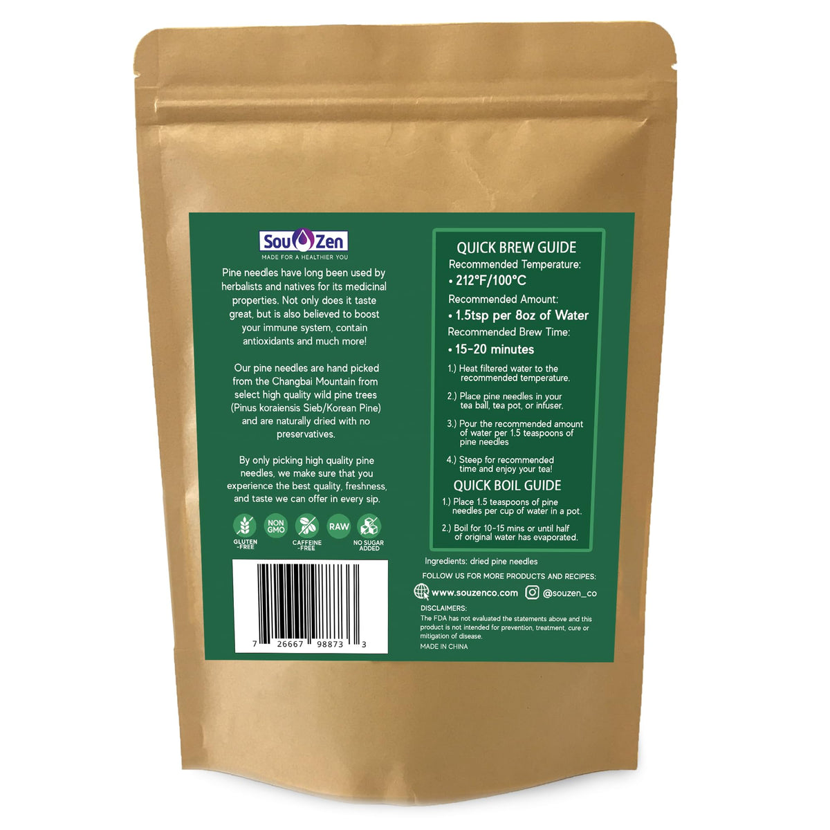 Sou Zen Pine Needle Tea Loose Leaf 4oz | Korean Pine Needle Herbal Tea from Changbai Mountains | Caffeine Free Loose Leaf Tea