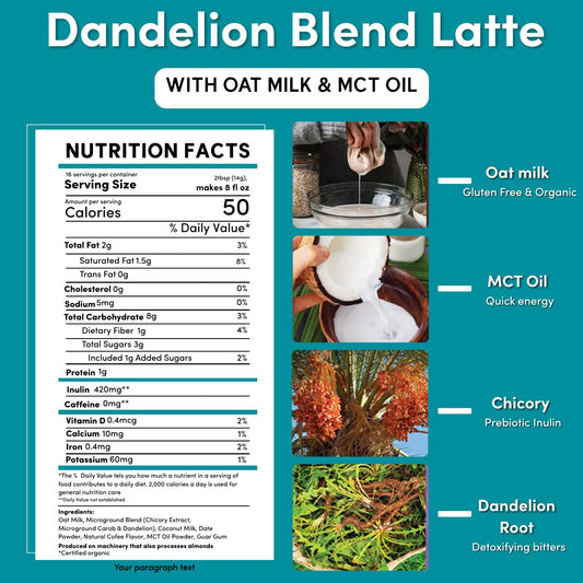 Teeccino Organic Instant Dandelion Herbal Latte – 14 Servings – Creamy Oat &amp; Coconut Latte with a Blend of Roasted Chicory &amp; Dandelion Roots – Gluten-free, Prebiotic, Caffeine-Free – 7.9 ounces