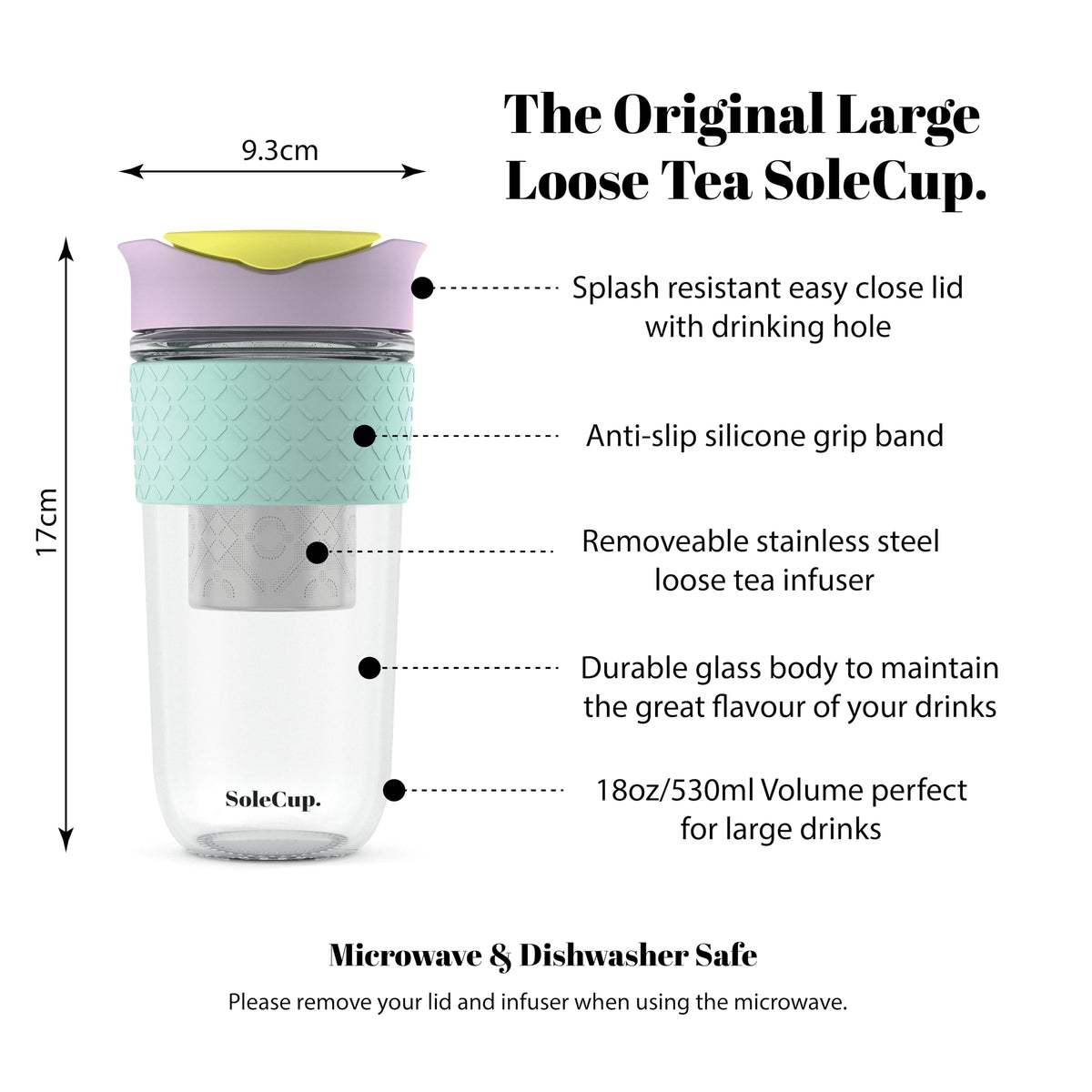 SoleCup. Large Travel Mug Loose Tea Infuser - Detachable Tea Strainer with Splash-Resistant Lid - 18oz/530ml BPA-Free
