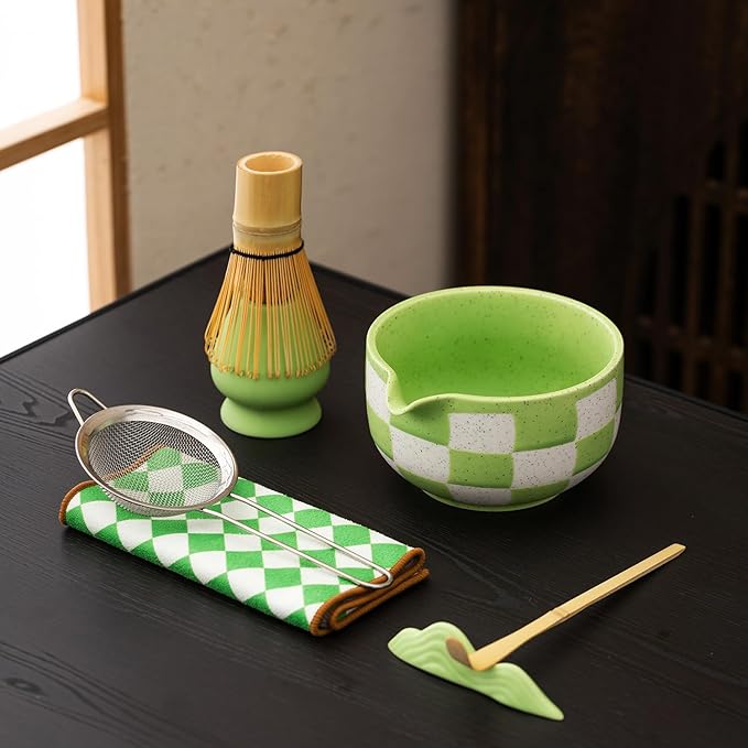 7pcs Traditional Matcha Tea Ceremony Set, green Ceramic Bowl with Bamboo Whisk, Holder and Strainer (Green grid) Elegant Matcha Set for Gifting and