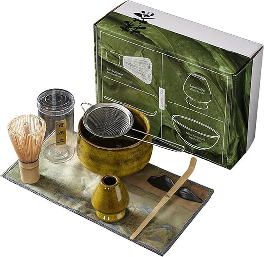 7PCS/Set Matcha Whisk Set Includes Matcha Bowl, Bamboo Whisk, Holder, Sifter, Tea Scoop, Scoop Holder and Tea towel, Japanese Yellow-Green.