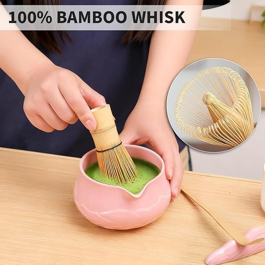 Matcha Whisk Set with Bowl, 8 Pcs Matcha Kit with Ceramic Holder, Scoop Holder, Sifter, Tea Towel, Greeting Card, Bamboo Whisk and Scoop