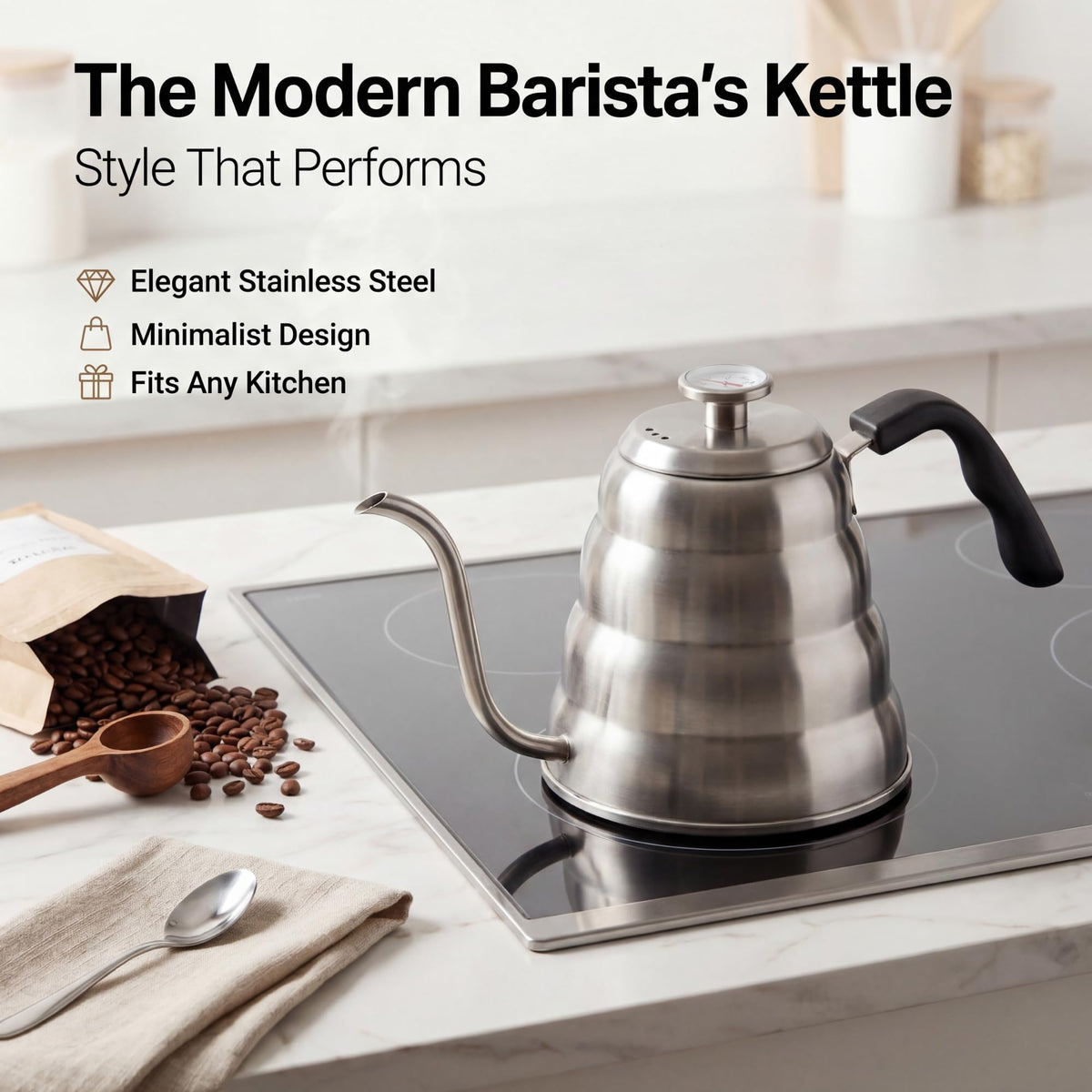 Barista Warrior Gooseneck Kettle, 1.2L Pour Over Kettle, Silver