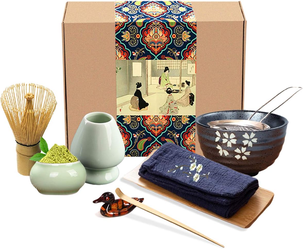Artcome Traditional Japanese Matcha Tea Set (9Pcs) | Matcha Whisk, Traditional Scoop, Matcha Bowl &amp; Caddy, Ceramic Whisk Holder, Handmade Matcha Ceremony Kit