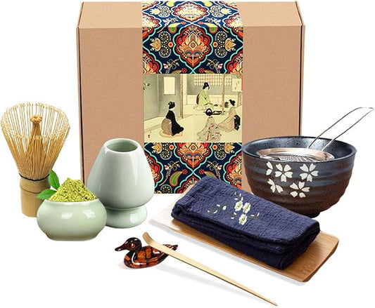 Artcome Traditional Japanese Matcha Tea Set, Matcha Whisk, Traditional Scoop, Matcha Bowl & Caddy, Ceramic Whisk Holder