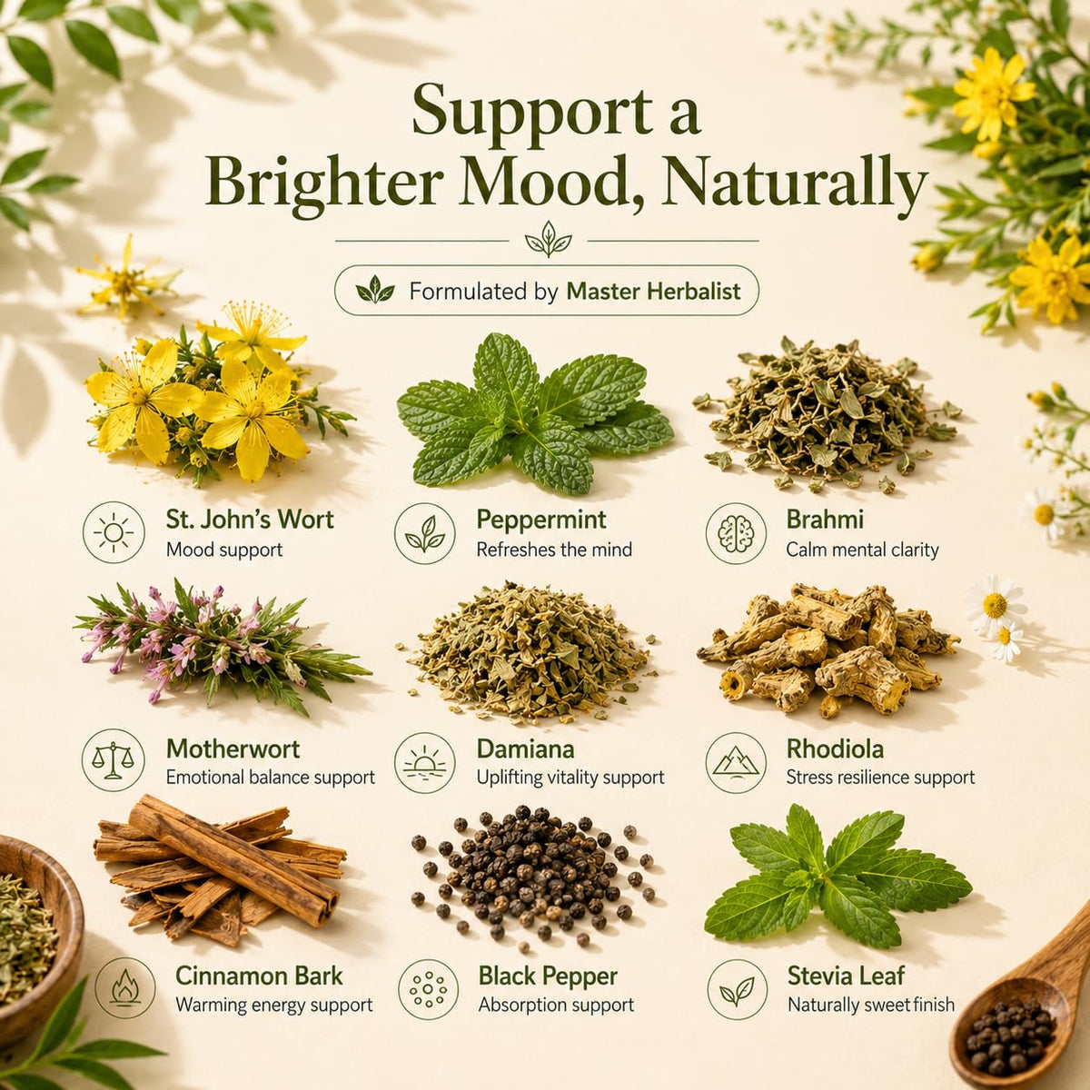 HAPPY TEA – Pleasant Feel-Good Daily Boost, Uplifting Mood Support &amp; Positive Energy with St. John’s Wort, Brahmi &amp; Rhodiola – Premium Organic Loose Leaf – Formulated by Master Herbalist