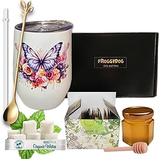Tea and Honey Gift Set – Insulated Floral Tumbler with Lid, 18 Tea Sachets, Honey Jar, Organic Sugar Sticks, Gold Spoon & Reusable Straw – Relaxation & Self Care Gift Box