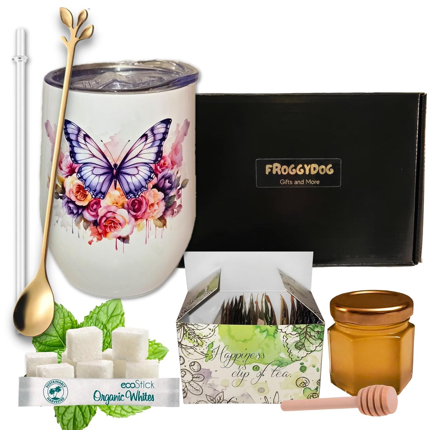 Tea and Honey Gift Set – Insulated Floral Tumbler with Lid, 18 Tea Sachets, Honey Jar, Organic Sugar Sticks, Gold Spoon & Reusable Straw