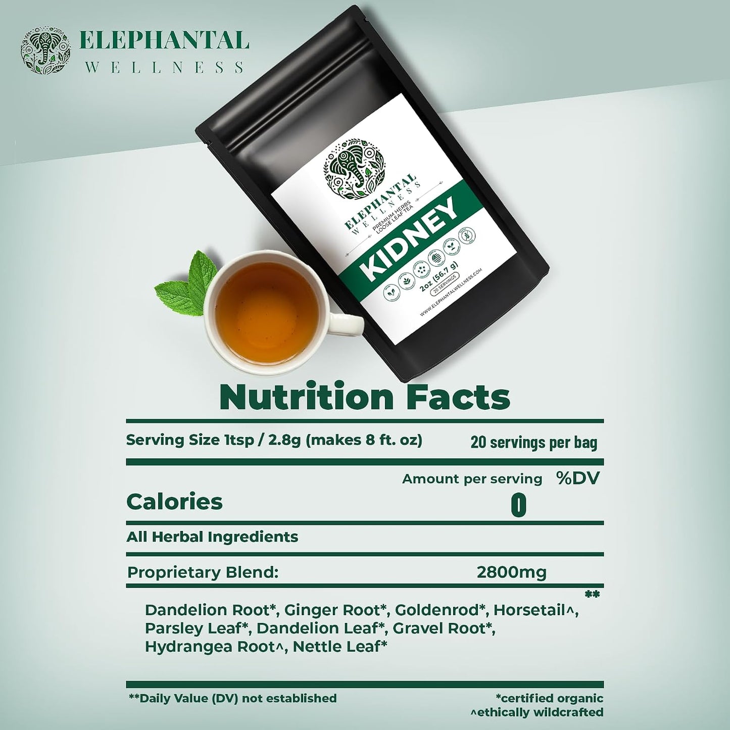 Elephantal Wellness Premium Kidney Herbal Tea | Urinary Tract &amp; Kidney Support with Dandelion, Gravel Root, Goldenrod &amp; Marshmallow | Handmade, Caffeine-Free, Non-GMO Loose Leaf Blend, 2oz, 20 Servings