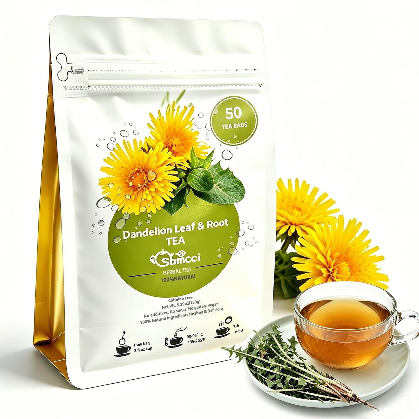 Samcci - Dandelion Leaf &amp; Root Tea Bags, 50 Count, Dandelion Herbal Tea