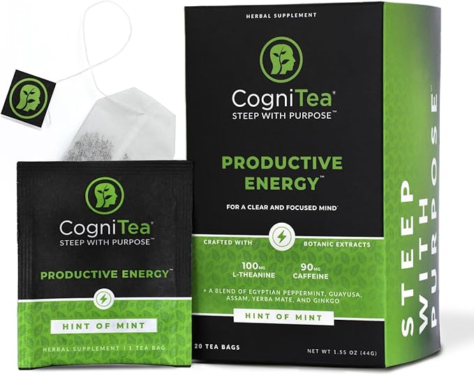 CogniTea Productive Energy Tea - Enhanced Focus & Energy with 100mg L-Theanine, 90mg Caffeine Organic Guayusa & Yerba Mate, Assam Black Tea - Crash-Free Cognitive Boost