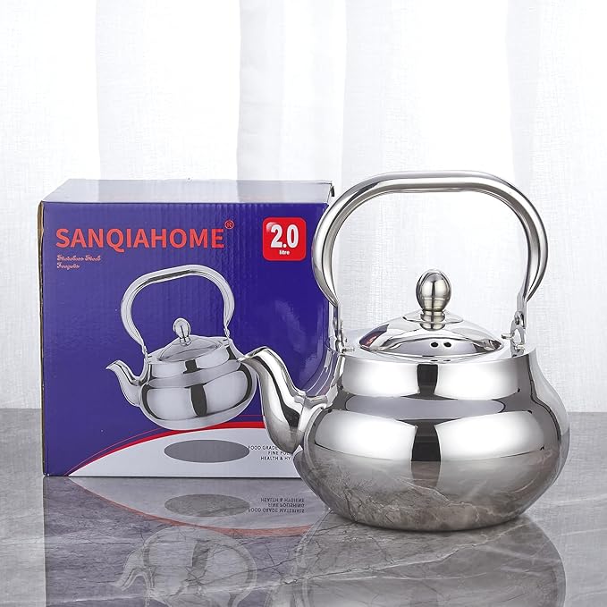 Sanqiahome Stainless Steel Teapot With Removeable Infuser 71 oz (2000ml) Thickened Mirror Polished Stovetop Tea Maker for Herbal and Infusion