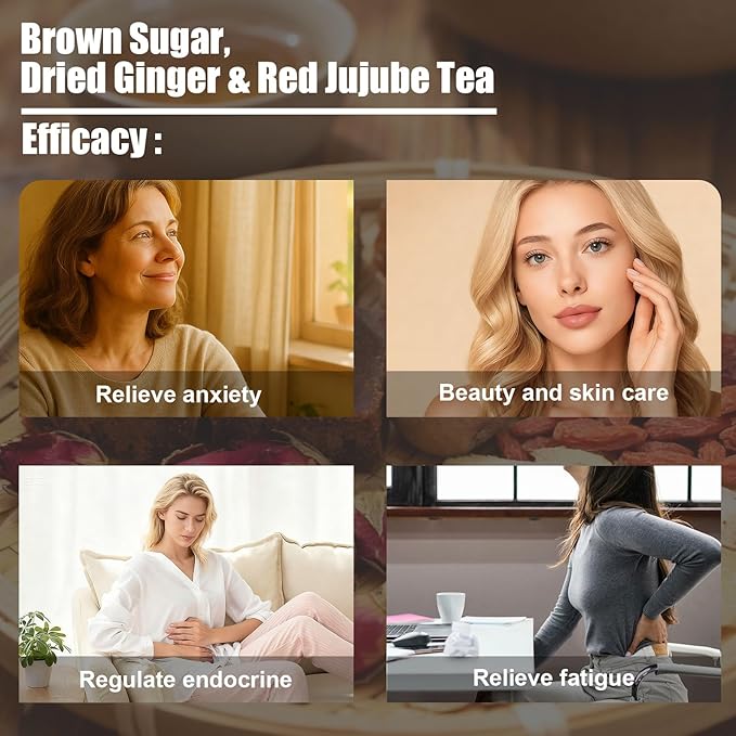 Liuhbn Brown Sugar Ginger Tea Decaffeinated (10g x 20 packs) Is A 100% Natural Herbal Tea With Ginger Slices, Red Dates, Longan, Brown Sugar Blocks