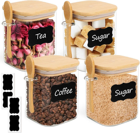 ComSaf Glass Container with Spoon &amp; Lid 0.8 Qt, 4 Pack Glass jar with spoon | Coffee and Sugar Container Set, Coffee Bar, Salt Jar, Bamboo Lid with Silicone Seal, Spice, Seasoning Canister, BPA Free