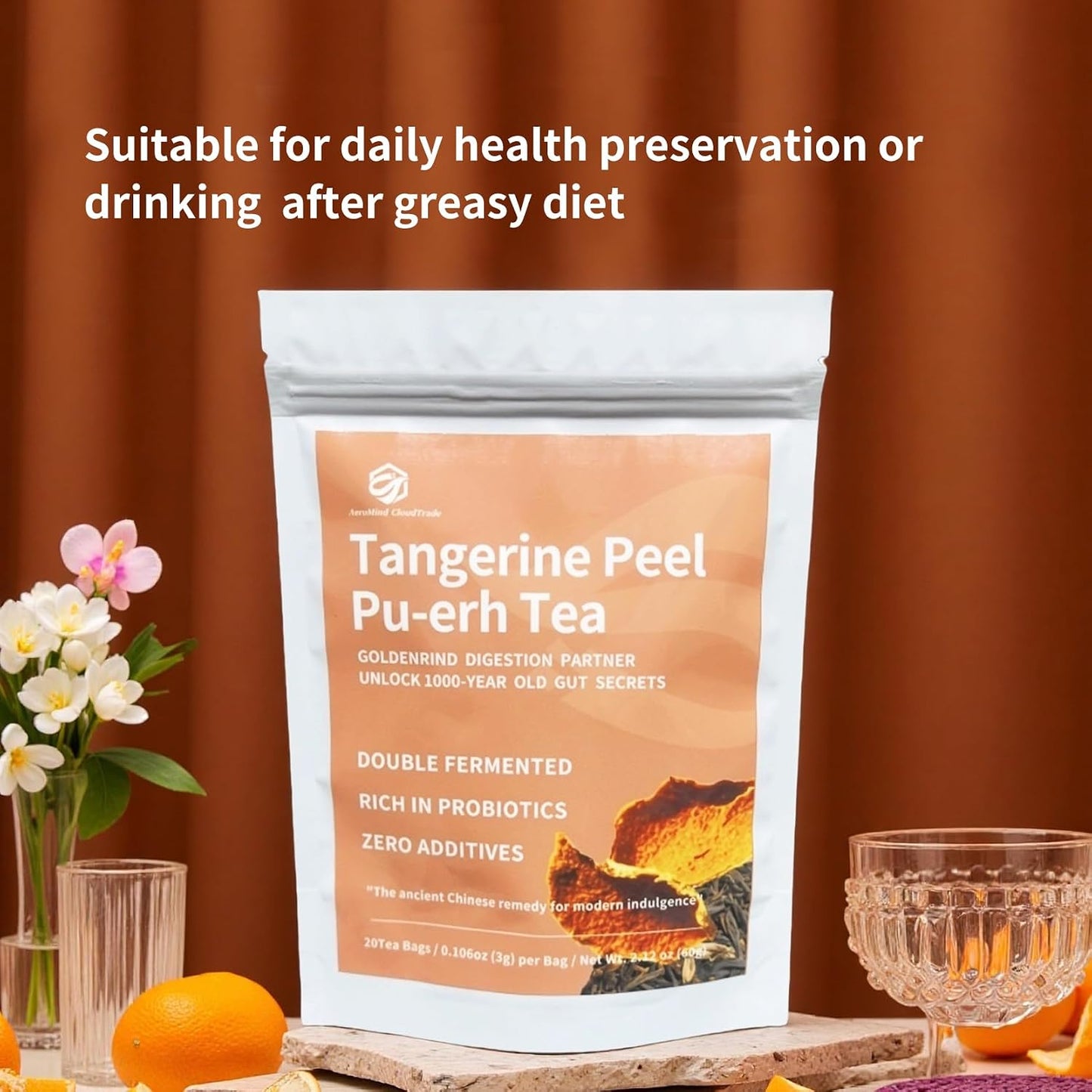 Tangerine Peel Puerh Tea Bags - Chenpi &amp; Puer Herbal Blend for Digestive Aid &amp; Wellness, Ripe fermented Tea with Natural Mandarin Aroma, Traditional Chinese Tea 2.12oz 20 Bags, AeroMind CloudTrade