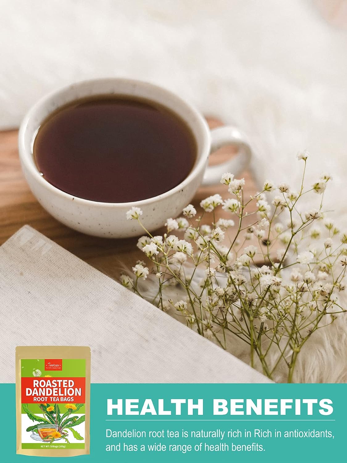 TeeLux Roasted Dandelion Root Tea Bags, Natural Dandelion Herbal Tea, 50ct | Rich Roasted Aroma, Smooth &amp; Mellow Taste, Caffeine Free, Gluten Free, Hot or Iced, Foil-Lined Resealable Pouch