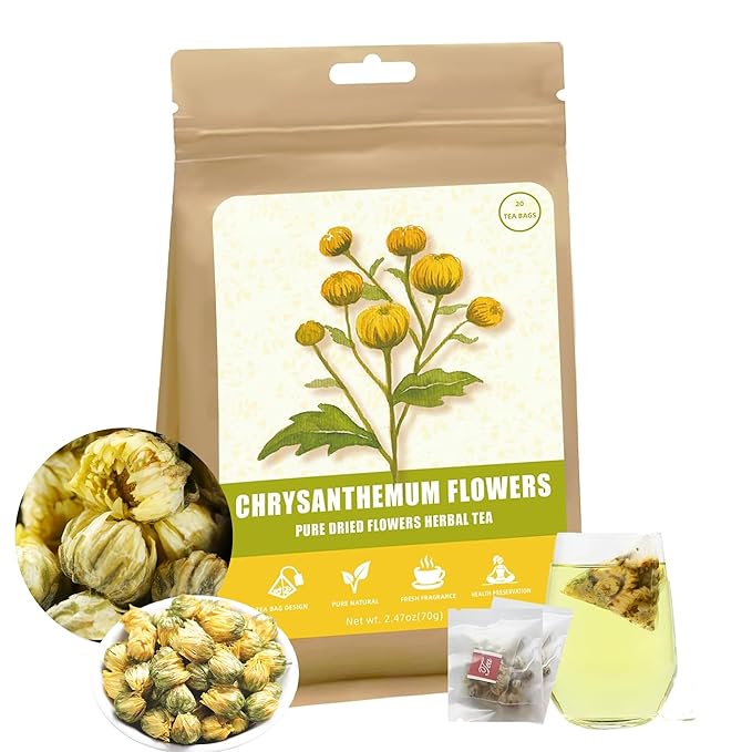 Chrysanthemum Tea, Chrysanthemum Tea Bags, 20×3.5g, 菊花茶, Chinese Herbal Tea, Dried Flower Buds, Light Floral Taste, Sugar-free, Caffeine-Free | Reduce Internal Heat | Relax Mood | Bright Eyes | Smooth Skin | Great for Relaxing Moments