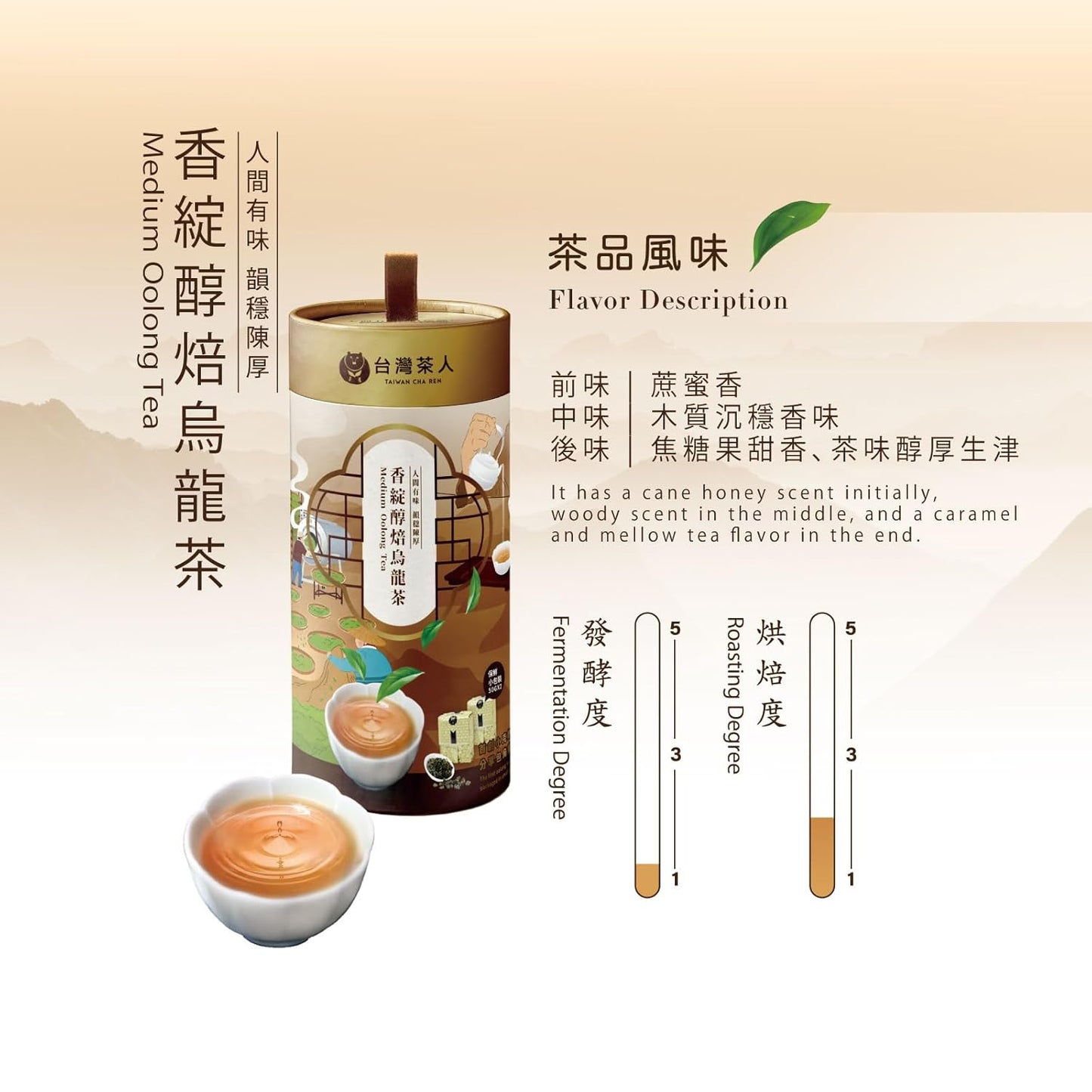 TAIWAN CHA REN Premium Series - Taiwan Medium Oolong Tea Loose Leaves, 14.1oz (100g*4cans)