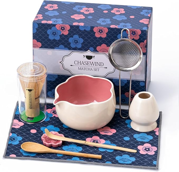Matcha Set, 8Pcs Floral Ceramic Matcha Set with Matcha Whisk, Holder, Scoop, Scoop Rest, Sifter, Spo