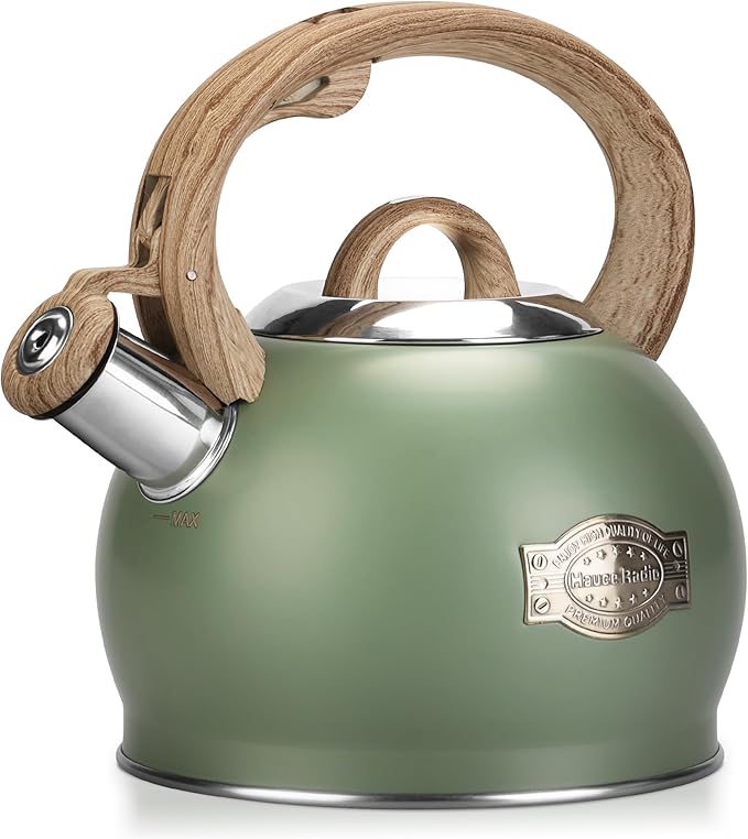 Tea Kettle Stovetop, 2.1 Quart Stove Top Whistling Tea Kettle, Teapot Kettles with Food Grade Stainless Steel and Wood Pattern Folding Handle