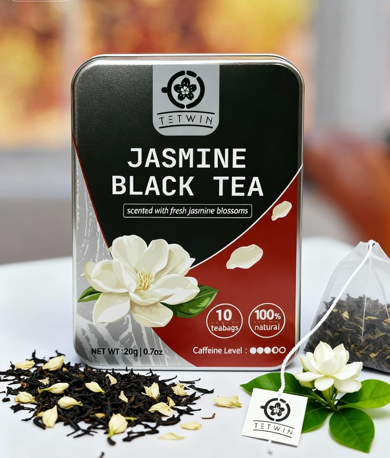 Jasmine Black Tea Bags, 3-Scented Loose Leaf in PLA teabag - Bitterness-Free, Naturally Sweet & Mellow, 10 Count Portable Tin
