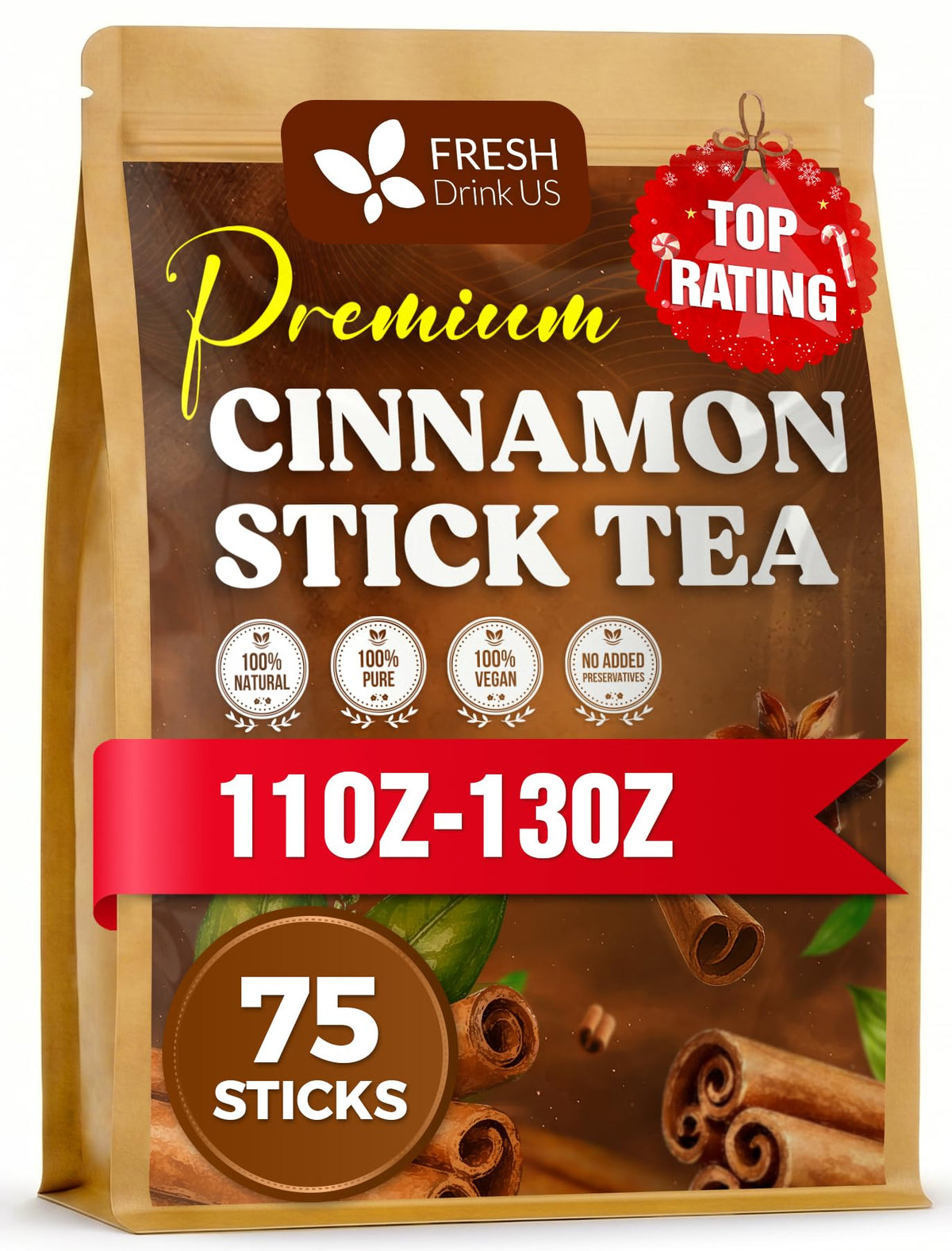 FreshDrinkUS, 75+ Cinnamon Sticks, 2 ¾”, 100% Pure & Natural, Strong Aroma, Great for Baking, Cooking, Beverages & Gift, No